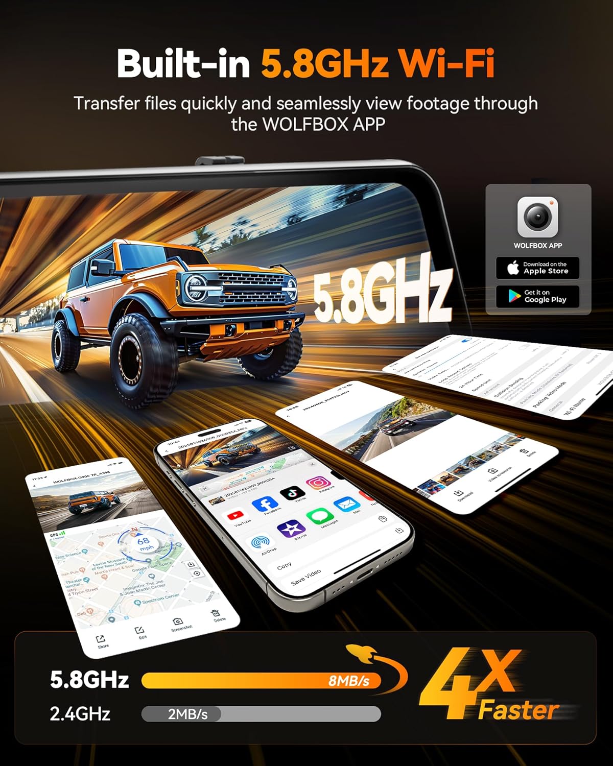 WOLFBOX G900 Tripro Cabin Version 3 Channel 4K Rear View Mirror Camera