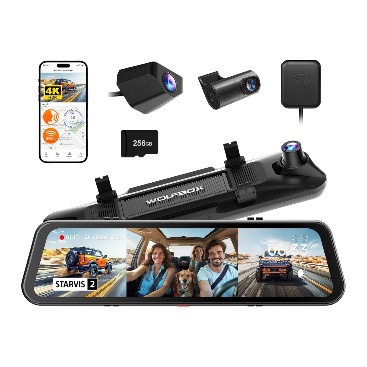 WOLFBOX G900 Tripro Cabin Version 3 Channel 4K Rear View Mirror Camera