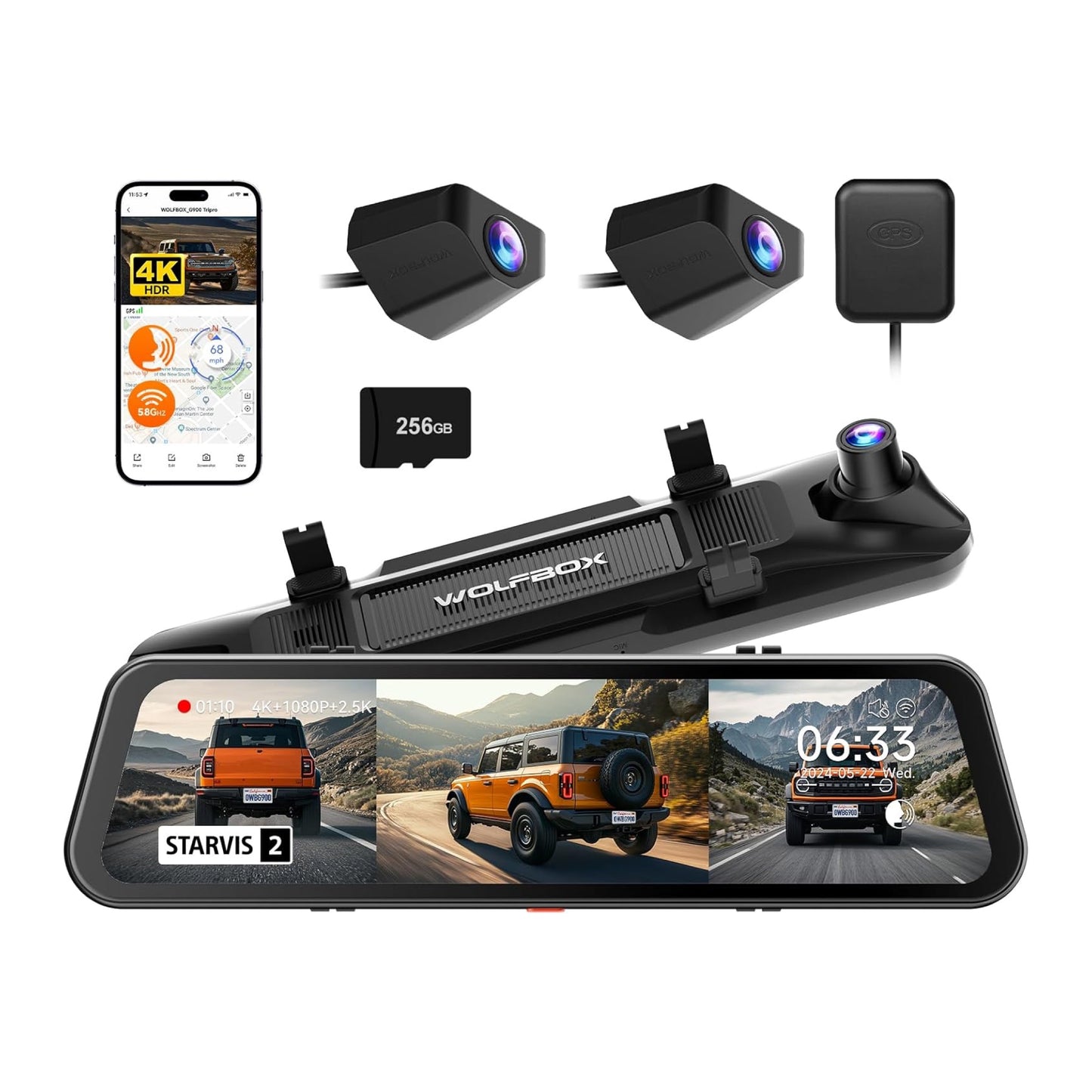 WOLFBOX G900 Tripro Bumper Version 3 Channel 4K Mirror Dash Cam